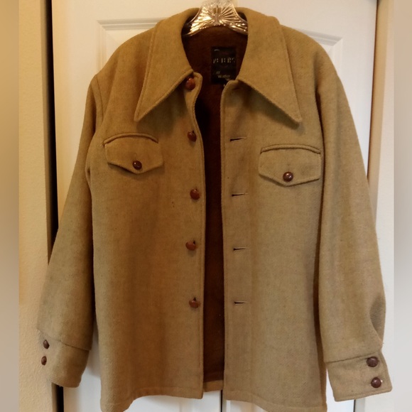 VTG PETERS Lined All Weather Wool Jacket Leather Buttons Dagger Collar USA L - Picture 1 of 8